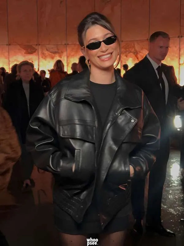 Hailey Bieber Oversized Black Leather Jacket