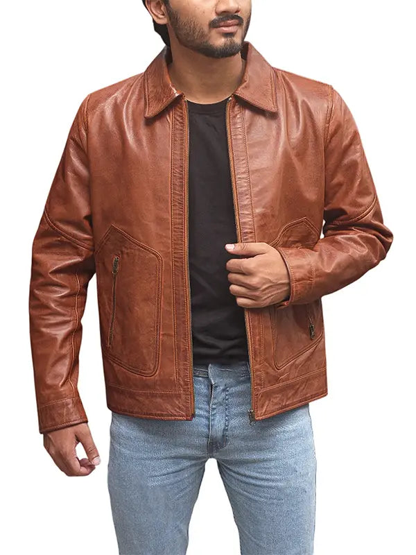 Handcrafted Cognac Trucker Leather Jacket 