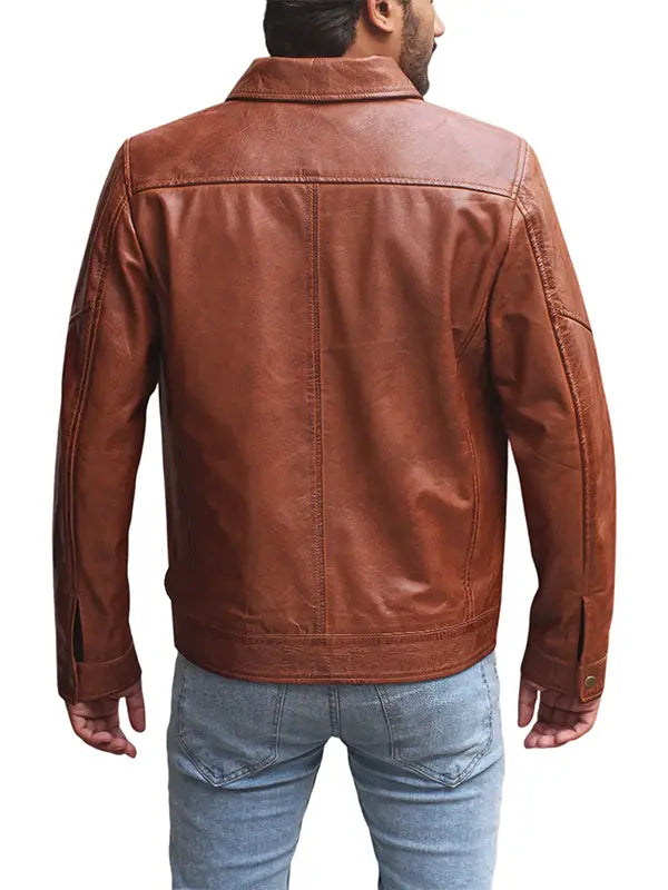 Handcrafted Men's Cognac Trucker Leather Jacket 
