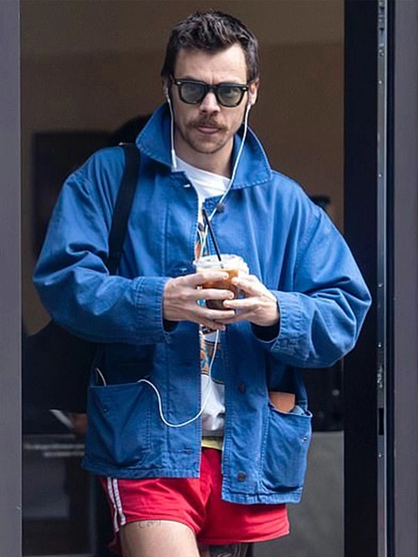 Harry Styles Out in London Blue Cotton Jacket