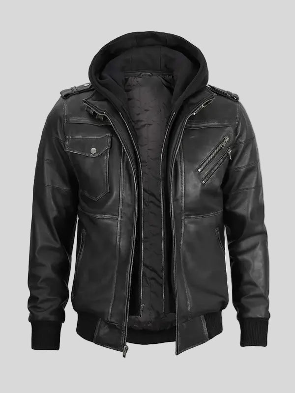 Hooded Black Leather Bomber Jacket For Men