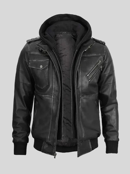 Hooded Black Leather Bomber Jacket For Men