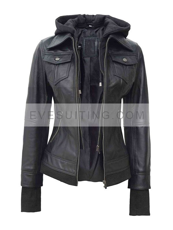 Hooded Bomber Leather Jacket For Women