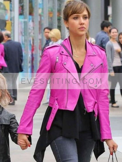 Hot Jessica Alba Pink Motorcycle Leather Jacket
