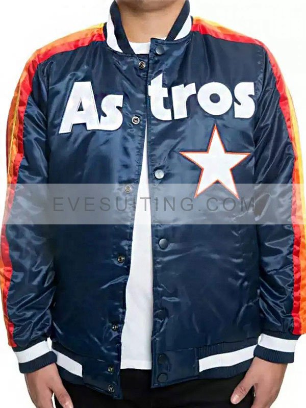 Houston Astros Striped Star Blue Satin Bomber Jacket