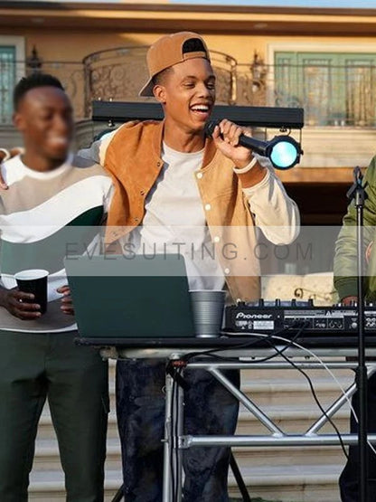 Jabari Banks Tv Series Bel-Air 2022 Will Smith Leather And Fleece Varsity Jacket