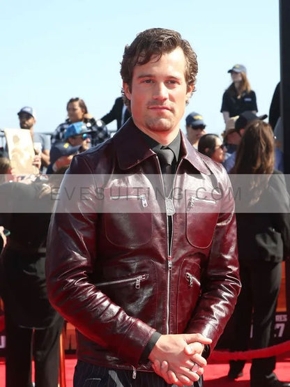 Jake Picking Top Gun Maverick Brigham Lennox Maroon Leather Jacket