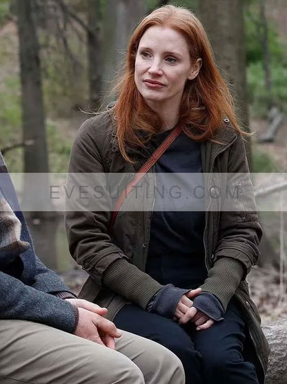 Jessica Chastain Movie Memory 2024 Sylvia Olive Green Hooded Cotton Coat