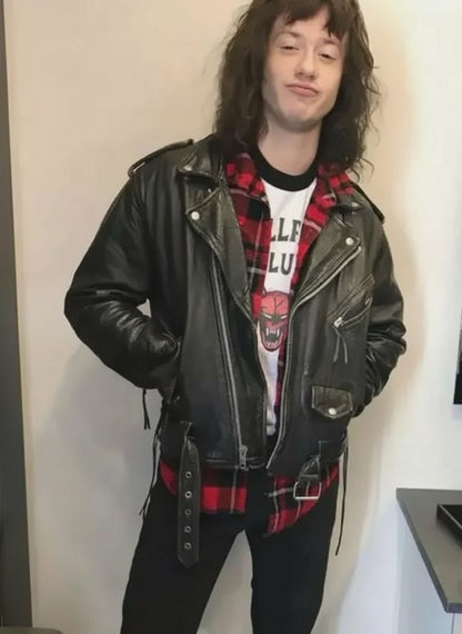 Joseph Quinn Stranger Things Eddie Munson Black Biker Leather Jacket