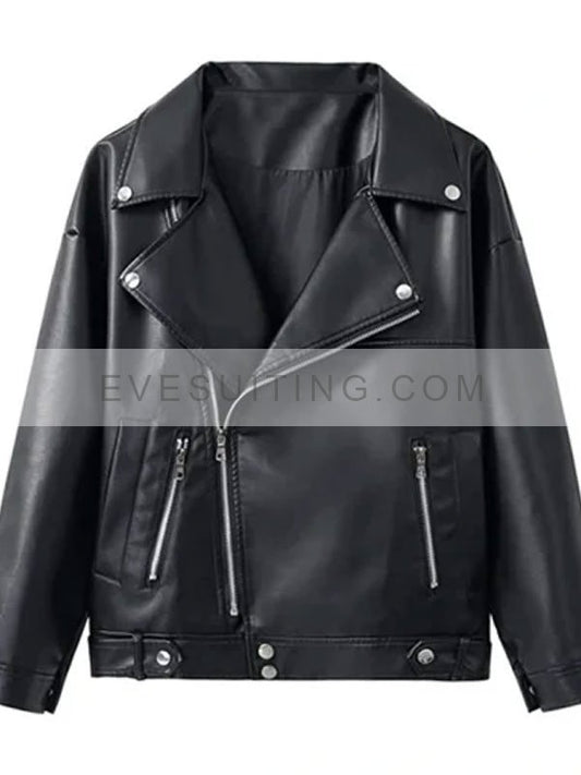 Julie Black Zipper Style Biker Leather Jacket