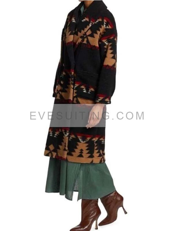 Kelly Reilly Yellowstone S05 Beth Dutton Black Printed Wool Coat