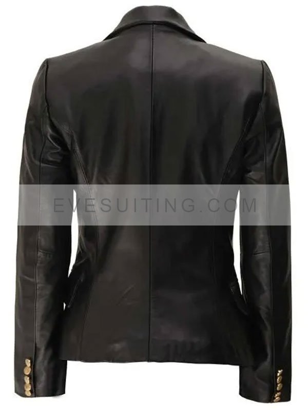 Kim Kardashian Black Real Leather Double Breasted Blazer