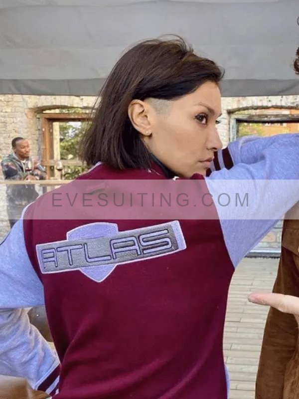 Knoxx Movie Borderlands 2024 Janina Gavankar Maroon And Grey Varsity Bomber Jacket