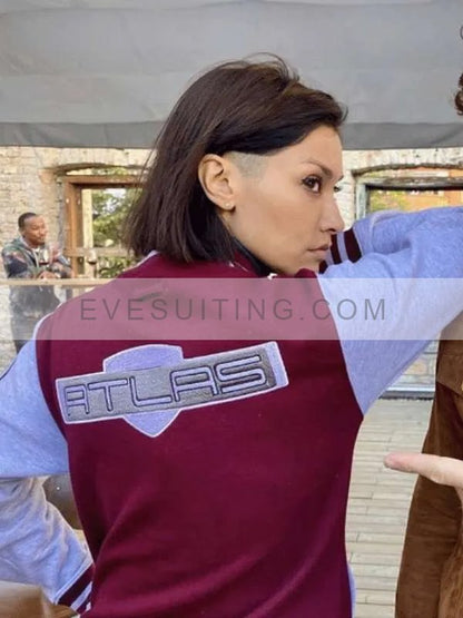 Knoxx Movie Borderlands 2024 Janina Gavankar Maroon And Grey Varsity Bomber Jacket