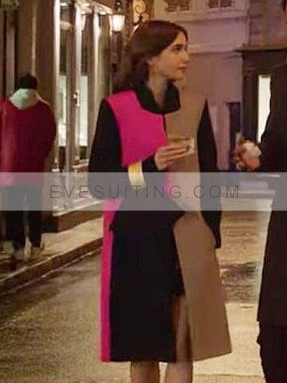 Lily Collin Emily Cooper Color Block Coat