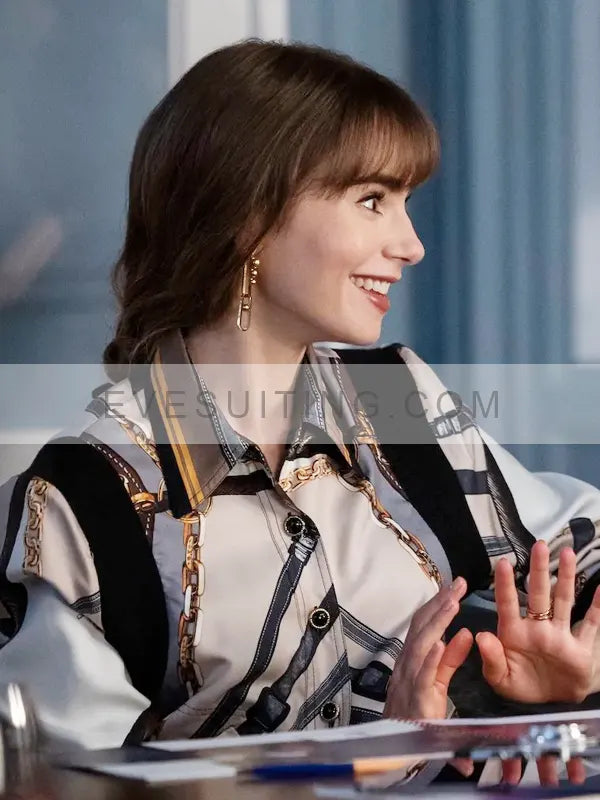 Lily Collins Chain Belt Jacket