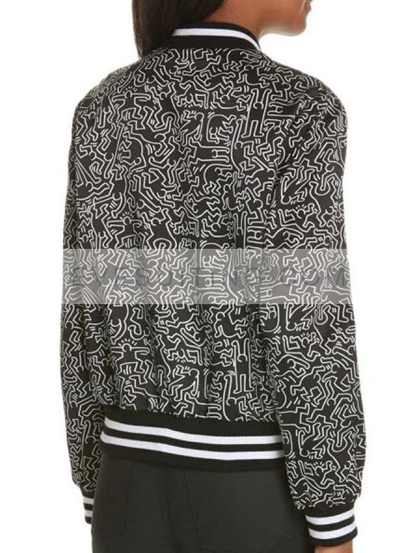 Lily Collins Emily In Paris Black And White Printed Bomber Jacket