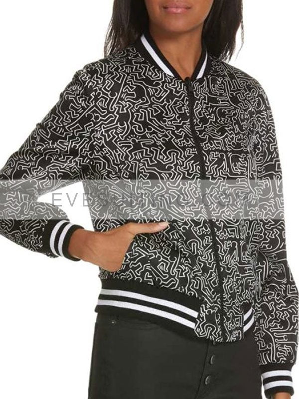 Lily Collins Emily In Paris Emily Cooper Black And White Printed Bomber Jacket