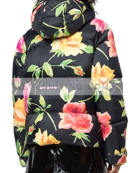 Lily Collins Emily In Paris Hooded Floral Puffer Jacket