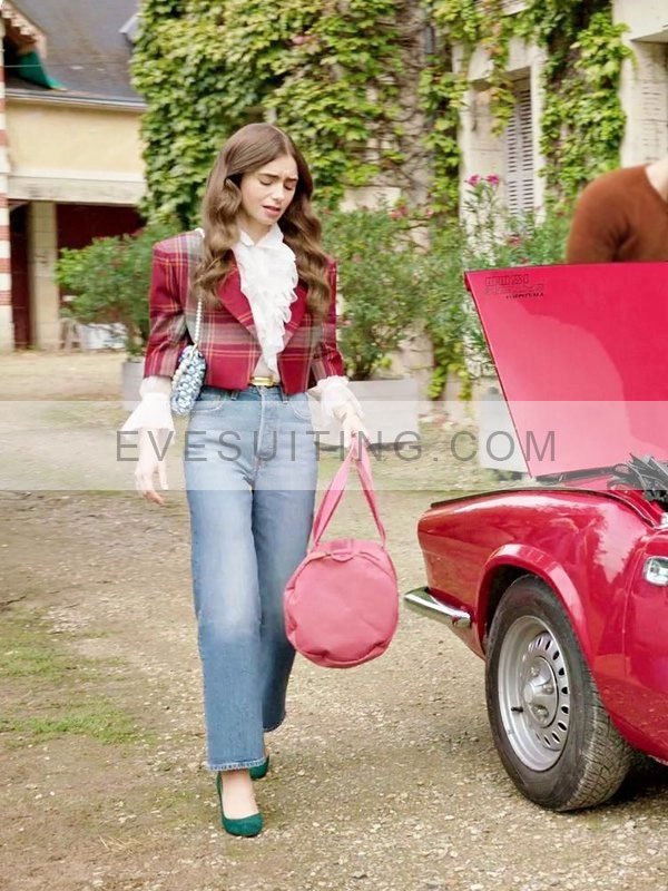 Lily Collins Emily In Paris Red Plaid Jacket