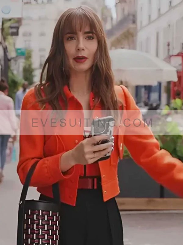 Lily Collins Emily In Paris Season 03 Cropped Orange Jacket