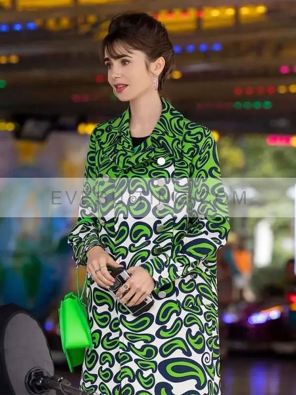 Lily Collins TV Series Season 03 Emily Cooper Green Printed Coat