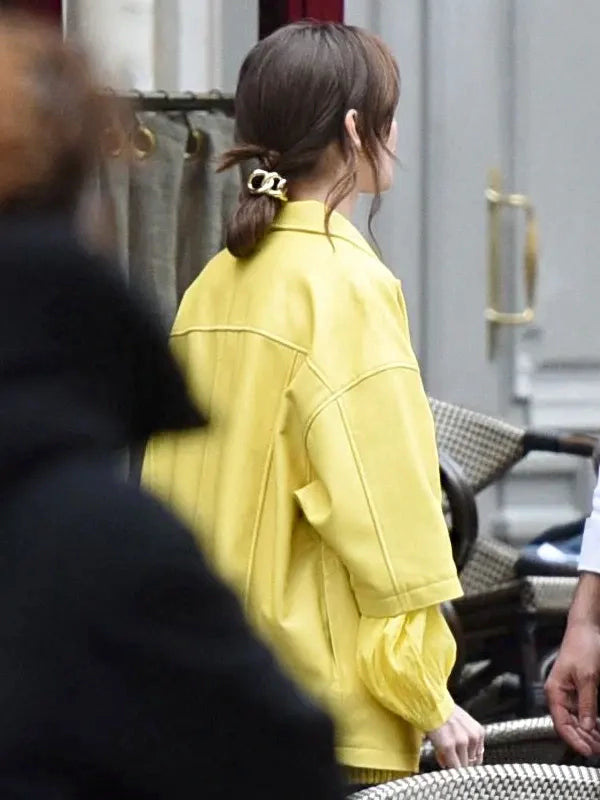 Lily Collins Yellow Leather Jacket
