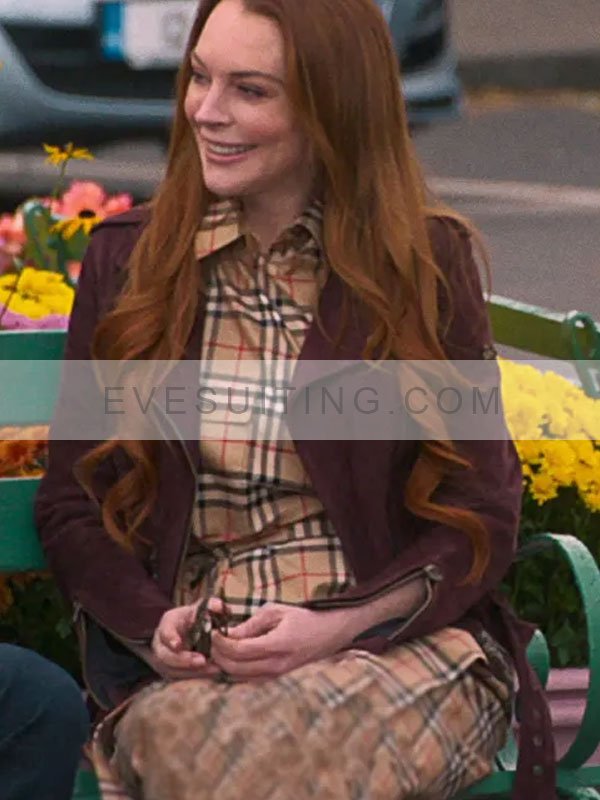 Lindsay Lohan Irish Wish 2024 Maroon Leather Jacket