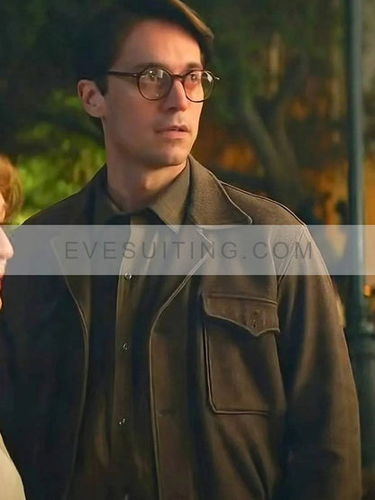 Lucas Bravo Mrs. Harris Goes to Paris 2022 Andre Fauvel Brown Leather Jacket