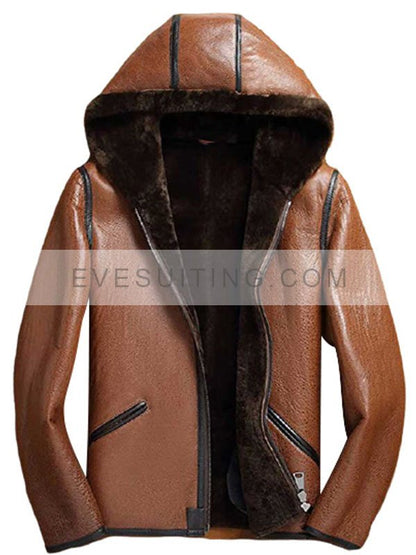 Lucas Brown Shearling Hooded Leather Jacket
