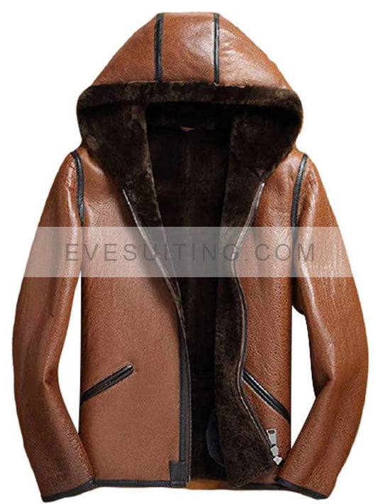 Lucas Brown Shearling Hooded Leather Jacket