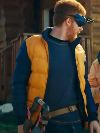 Lucas Fletcher Movie Bolt From the Blue 2024 Yellow And Blue Puffer Jacket