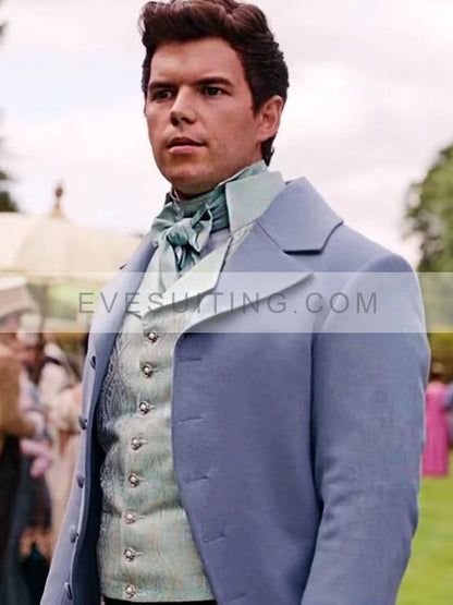 Luke Newton Bridgerton Colin Bridgerton Velvet Blue Tailcoat
