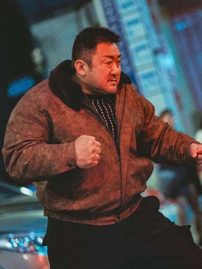 Ma Seok-do Beomjoidosi 4 2024 Ma Dong-seok Brown Distressed Leather Jacket