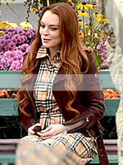 Maddie Kelly Movie Irish Wish 2024 Lindsay Lohan Maroon Leather Motorcycle Jacket