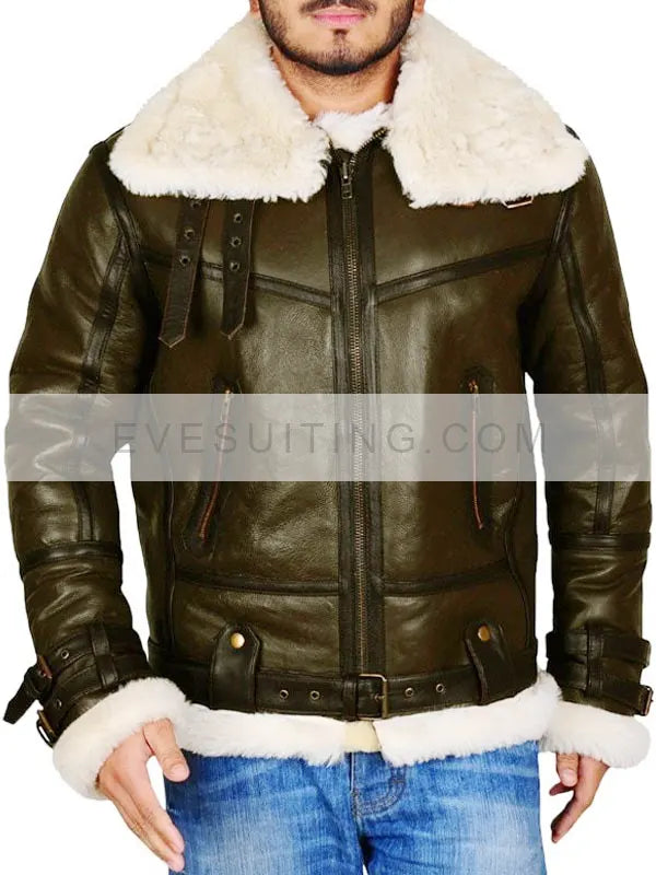 Men Dark Brown Leather Shearling Bomber Aviator Jacket