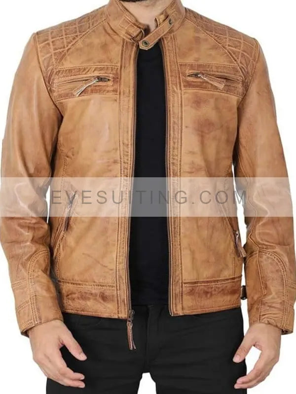 Men Tan Brown Hand Waxed Cafe Racer Leather Jacket