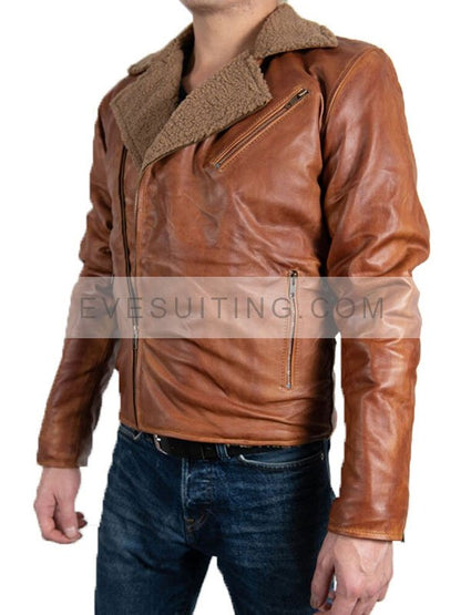 Men Tan Brown Shearling Motorcycle Biker Leather Jacket