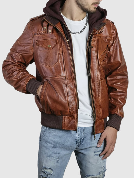 Men's Brown Leather Hooded Jacket