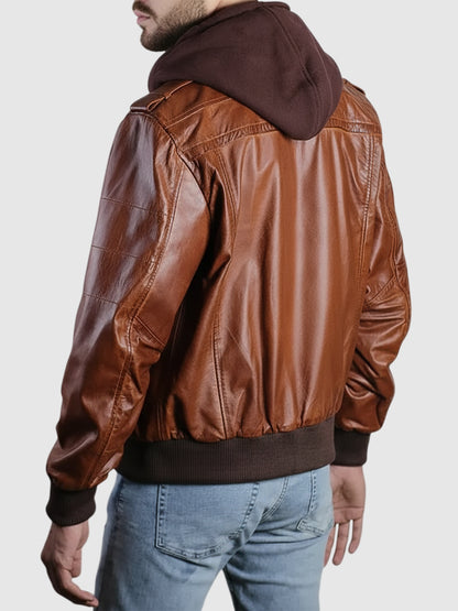 Men's Brown Leather Hooded Jacket