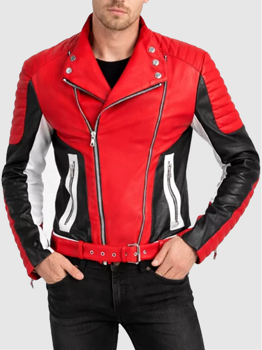 Men's Padded Red Biker Leather Jacket