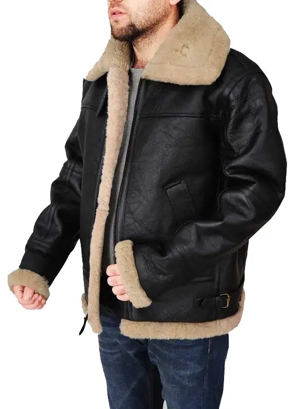 Men's 2025 Aviator Shearling Bomber Black Leather Jacket