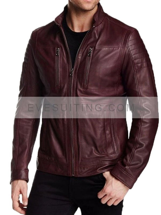 Mens Burgundy Aviator Cafe Racer Leather Jacket