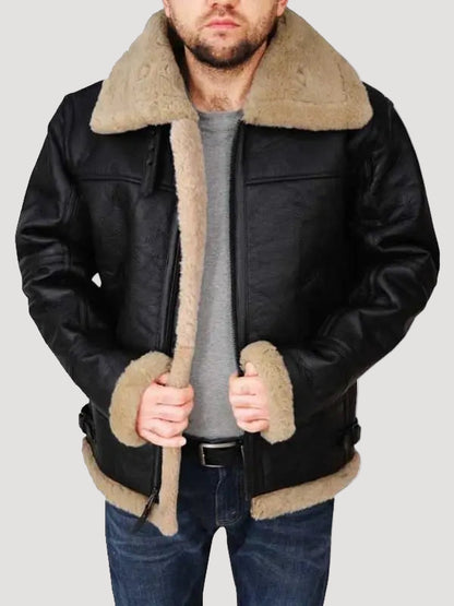 Men's Aviator Shearling Bomber Black Genuine Sheepskin Leather Jacket