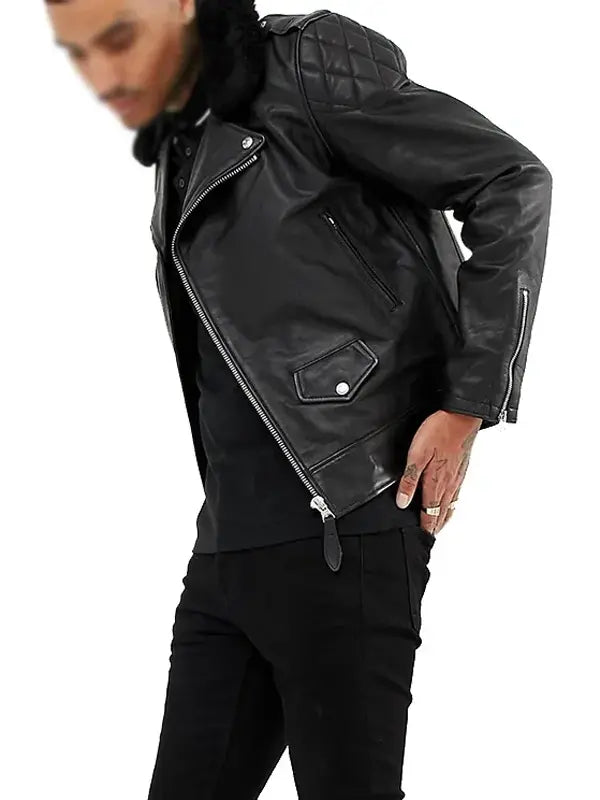 Men's Biker Leather Jacket With Fur Collar