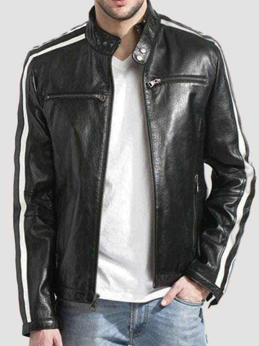 Mens Biker White Stripes Black Leather Jacket