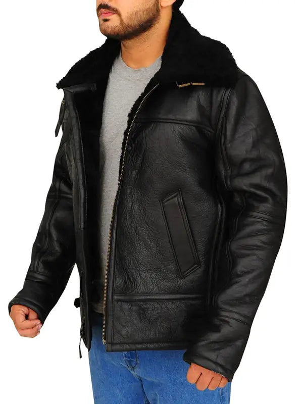 Men's Black B3 Bomber Leather Shearling Jacket