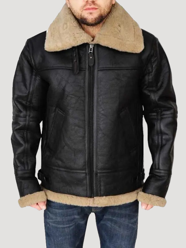 Men's Black Bomber Aviator Leather Shearling Jacket