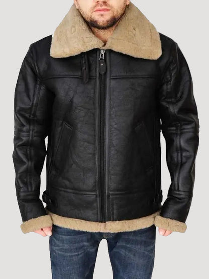 Men's Black Bomber Aviator Leather Shearling Jacket