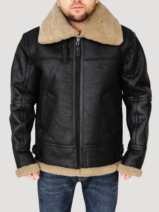 Men's Black Bomber Aviator Leather Shearling Jacket